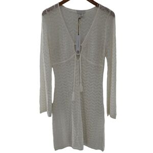 House Of Harlow1960 White Crochet Long Sleeve Tie Front V-neck Mini Dress Size M